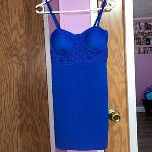 Blue knit bustier bodycon zip up mini dress